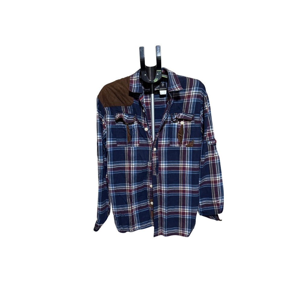 Parish Nation Mens‎ 2XL Plaid Flannel Shirt Blue Quilted Shoulder Patch Roll Tab